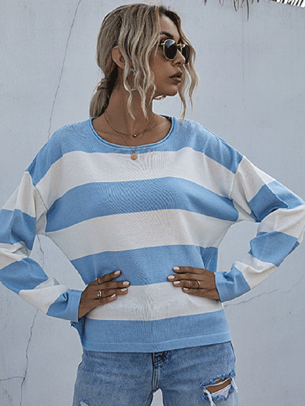 women's loose round neck long sleeve knitted striped sweater-[Adult]-[Female]-2022 Online Blue Zone Planet