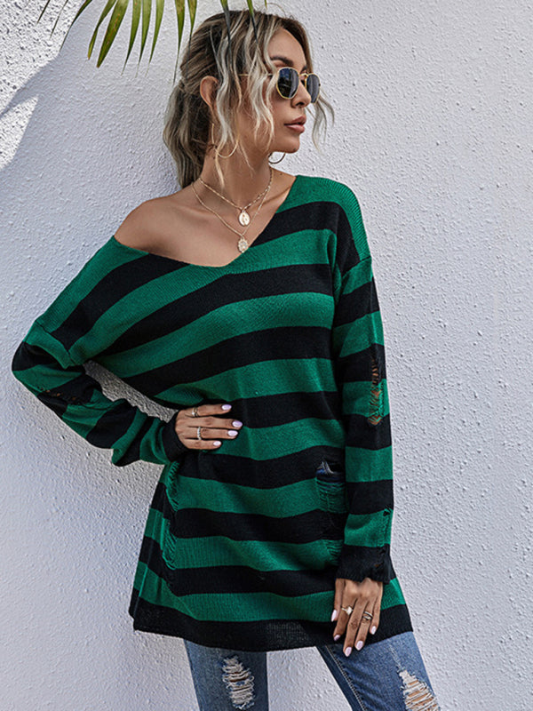 women's long ripped v-neck striped knitted bottoming sweater-[Adult]-[Female]-Green-S-2022 Online Blue Zone Planet