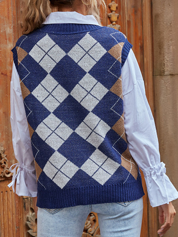 women's warm outer wear diamond v neck sweater vest vest-[Adult]-[Female]-2022 Online Blue Zone Planet