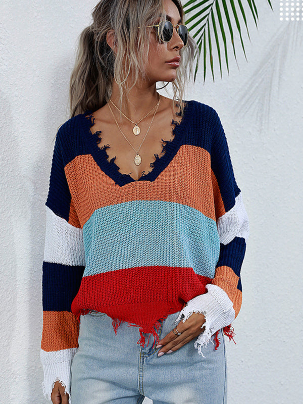 women's bottoming V-neck striped knitted sweater-[Adult]-[Female]-2022 Online Blue Zone Planet