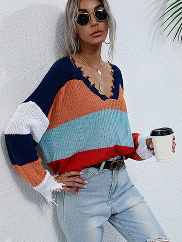 women's bottoming V-neck striped knitted sweater-[Adult]-[Female]-Royal blue-S-2022 Online Blue Zone Planet