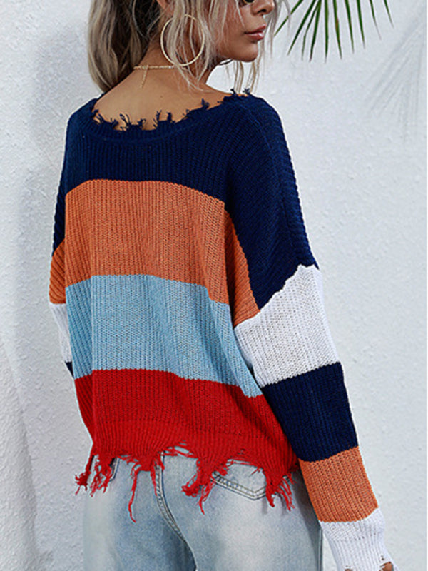 women's bottoming V-neck striped knitted sweater-[Adult]-[Female]-2022 Online Blue Zone Planet