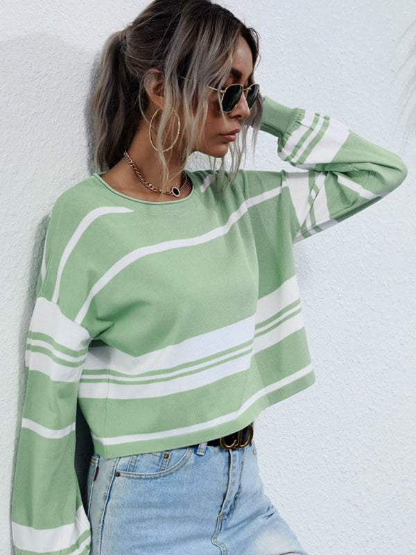 women's short knitted bottoming striped green sweater-[Adult]-[Female]-2022 Online Blue Zone Planet