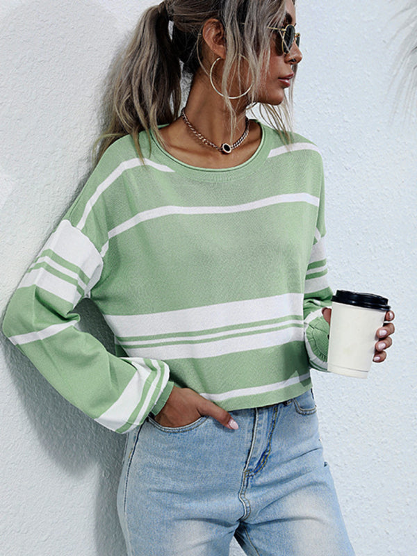 women's short knitted bottoming striped green sweater-[Adult]-[Female]-Pale green-S-2022 Online Blue Zone Planet