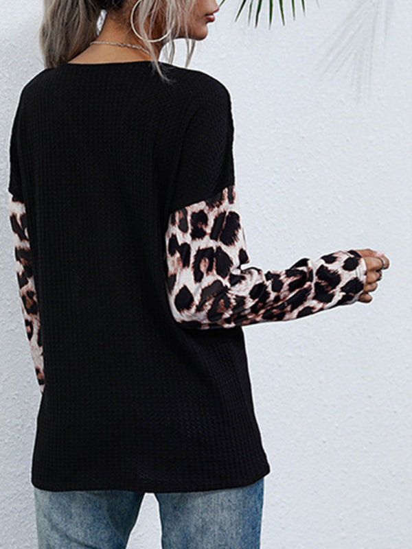 long sleeve loose black leopard print knitted sweater BLUE ZONE PLANET