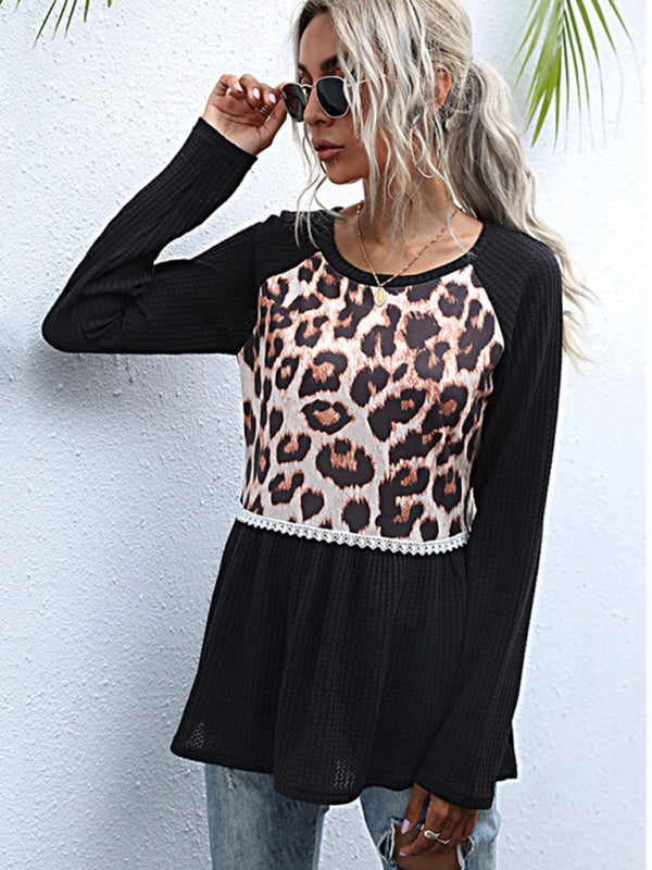 Paneled Long Sleeve Leopard Print Black Slim Fit Knit Sweater-[Adult]-[Female]-2022 Online Blue Zone Planet