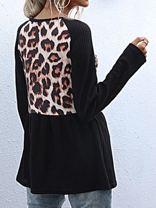 Paneled Long Sleeve Leopard Print Black Slim Fit Knit Sweater-[Adult]-[Female]-2022 Online Blue Zone Planet