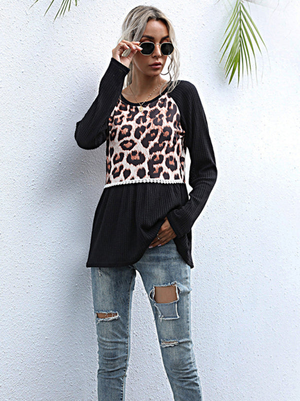 Paneled Long Sleeve Leopard Print Black Slim Fit Knit Sweater-[Adult]-[Female]-2022 Online Blue Zone Planet