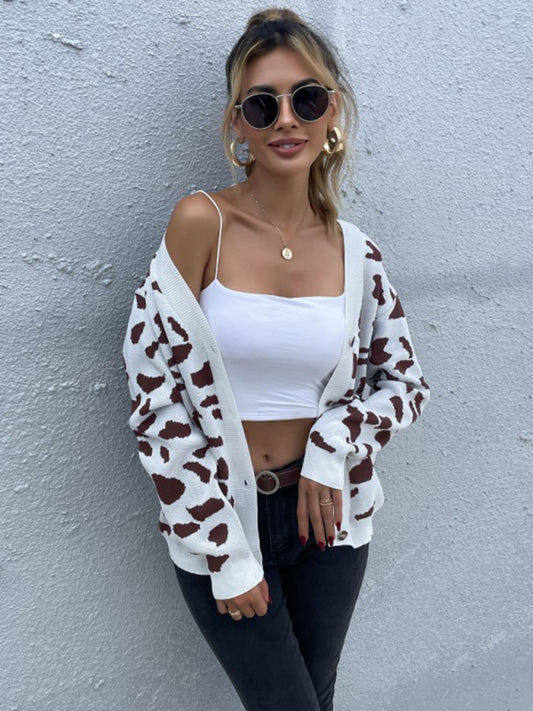 wind leopard print v-neck knitted sweater coat