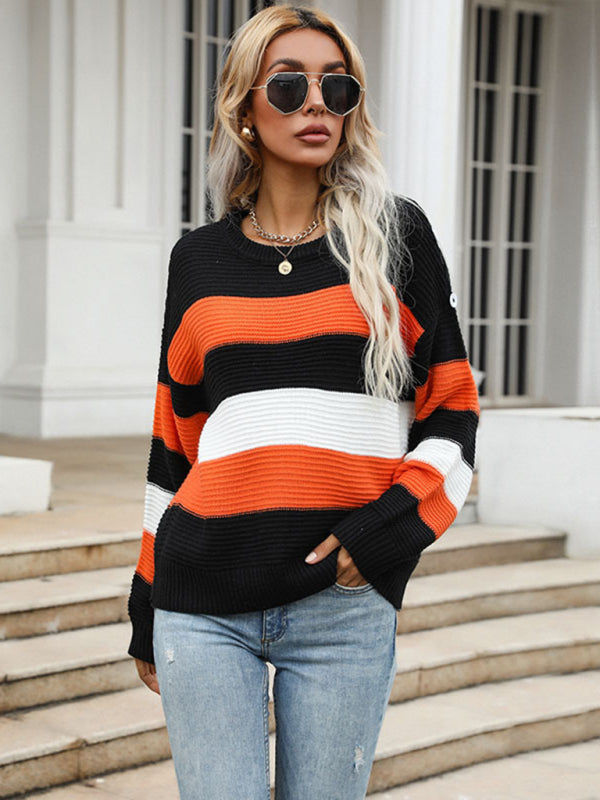 thin long sleeve loose striped knitted sweater BLUE ZONE PLANET