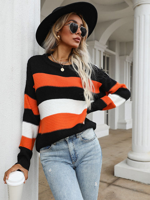 thin long sleeve loose striped knitted sweater BLUE ZONE PLANET