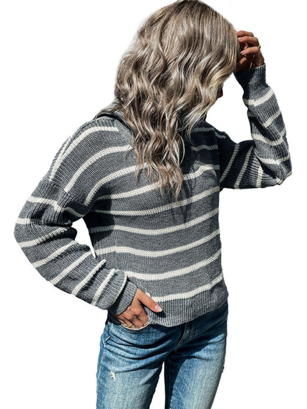 Women's Long Sleeve Lapel Striped Sweater BLUE ZONE PLANET