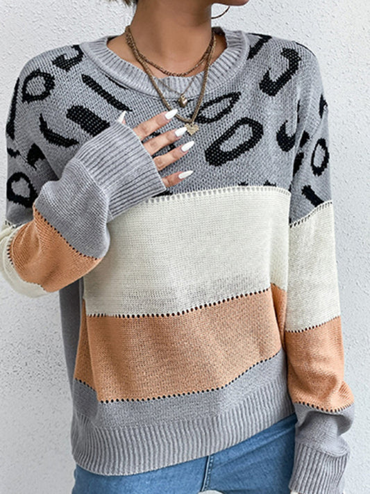 Women's Long Sleeve Leopard Contrast Knit Sweater