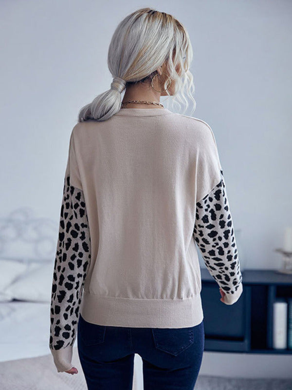 Fashion Women's Leopard Print Long Sleeve Knit Sweater-[Adult]-[Female]-2022 Online Blue Zone Planet