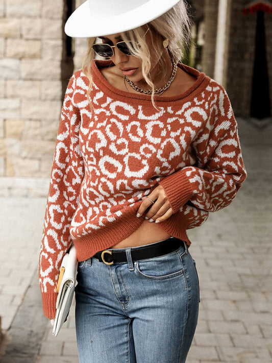 Ladies Casual Fashion Jacquard Long Sleeve Leopard Sweater-[Adult]-[Female]-Brown-S-2022 Online Blue Zone Planet