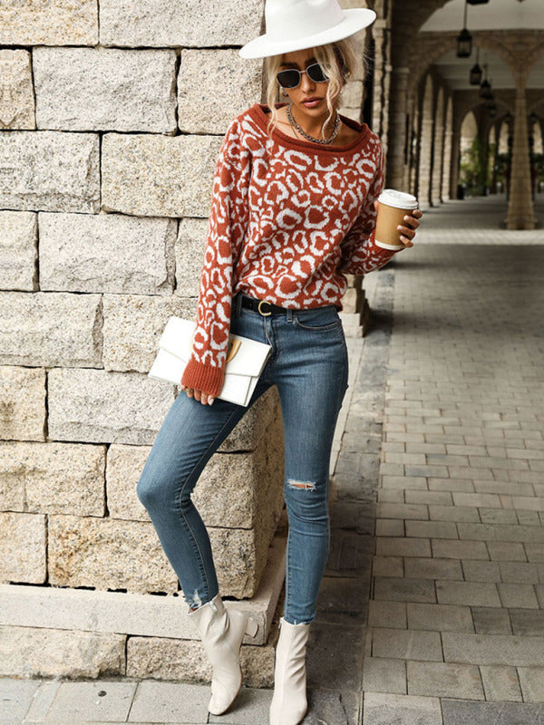 Ladies Casual Fashion Jacquard Long Sleeve Leopard Sweater-[Adult]-[Female]-2022 Online Blue Zone Planet