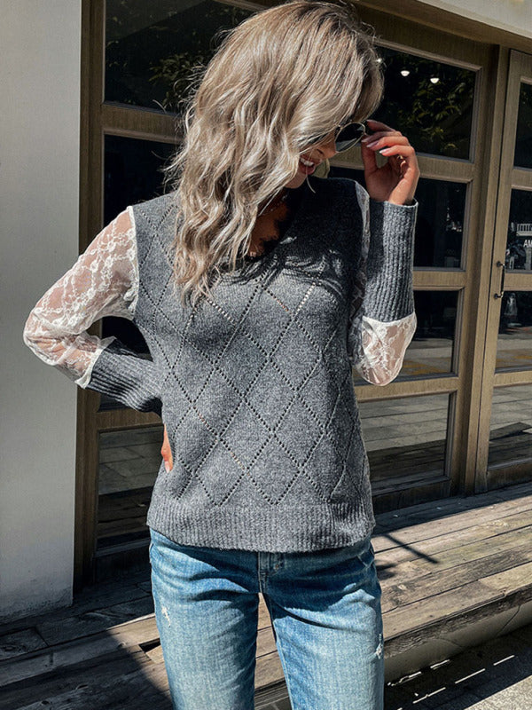 Fashion foreign trade cross-border women's long-sleeved lace stitching sweater-[Adult]-[Female]-2022 Online Blue Zone Planet