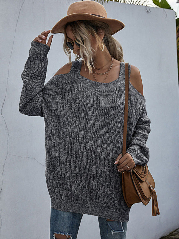 women's solid color knitted square neck off shoulder bottoming sweater with long sleeves-[Adult]-[Female]-2022 Online Blue Zone Planet