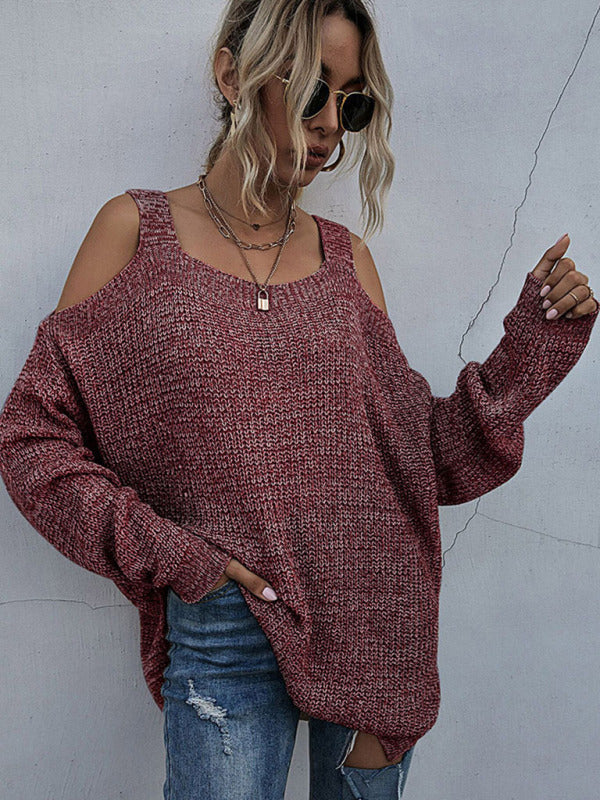 women's solid color knitted square neck off shoulder bottoming sweater with long sleeves-[Adult]-[Female]-2022 Online Blue Zone Planet