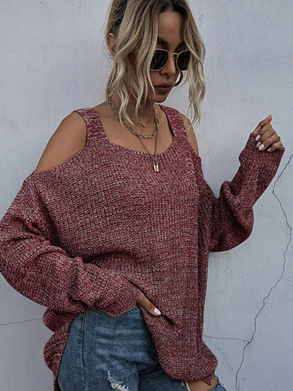 women's solid color knitted square neck off shoulder bottoming sweater with long sleeves-[Adult]-[Female]-2022 Online Blue Zone Planet