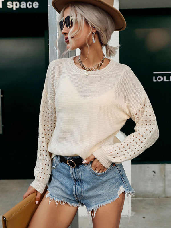 Thin Cutout Long Sleeve White Knit Sweater-[Adult]-[Female]-2022 Online Blue Zone Planet