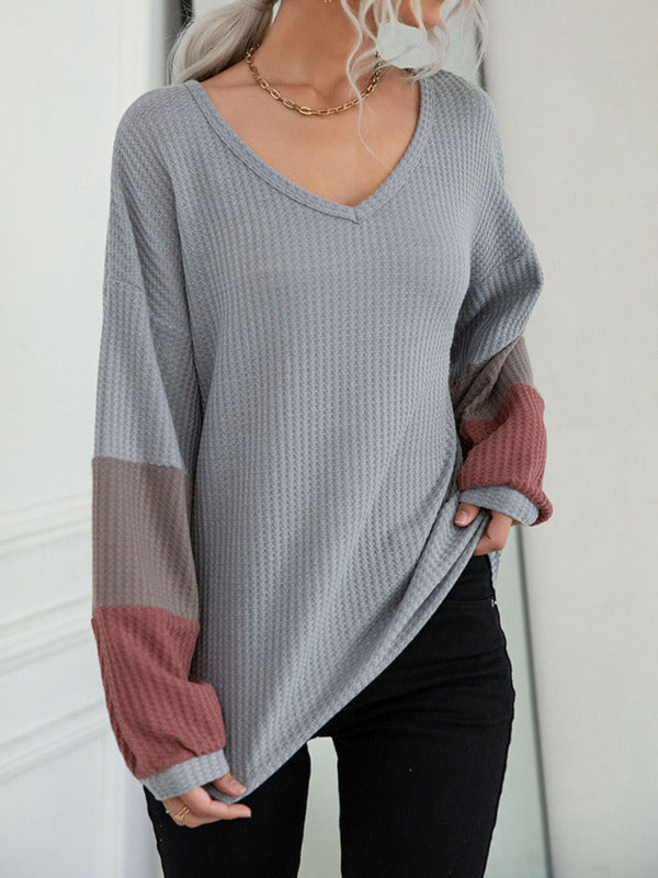 Autumn Colorblock Long Sleeve Grey V-Neck Knit Sweater-[Adult]-[Female]-Grey-S-2022 Online Blue Zone Planet