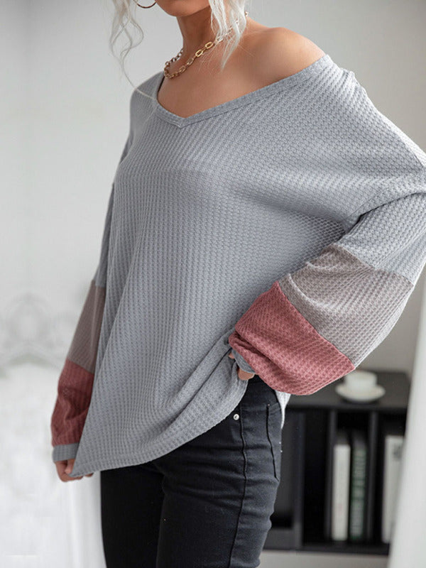 Autumn Colorblock Long Sleeve Grey V-Neck Knit Sweater-[Adult]-[Female]-2022 Online Blue Zone Planet