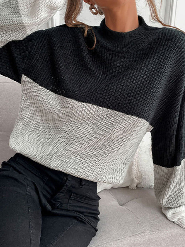 women's color block long sleeve turtleneck sweater women's fashion-[Adult]-[Female]-2022 Online Blue Zone Planet