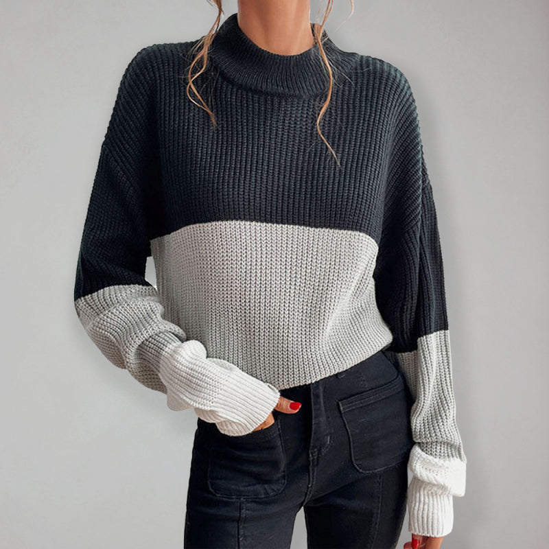 women's color block long sleeve turtleneck sweater women's fashion-[Adult]-[Female]-Grey-S-2022 Online Blue Zone Planet