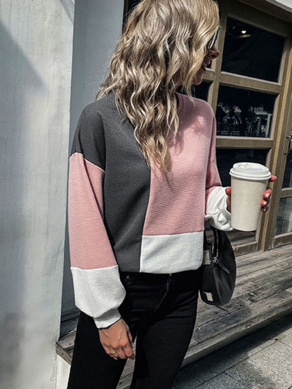 women's patchwork knitted top long sleeve colorblock knitted sweater-[Adult]-[Female]-2022 Online Blue Zone Planet