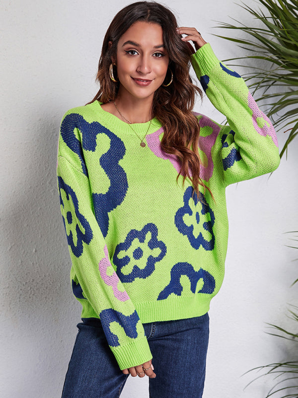 Blue Zone Planet | Women's flower jacquard off shoulder knitted sweater-[Adult]-[Female]-Green-S-2022 Online Blue Zone Planet