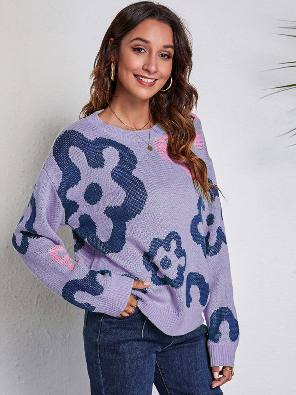 Blue Zone Planet | Women's flower jacquard off shoulder knitted sweater-[Adult]-[Female]-Purple-S-2022 Online Blue Zone Planet