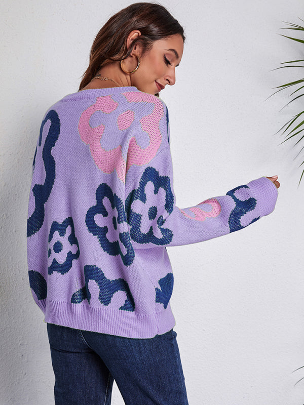 Blue Zone Planet | Women's flower jacquard off shoulder knitted sweater-[Adult]-[Female]-2022 Online Blue Zone Planet