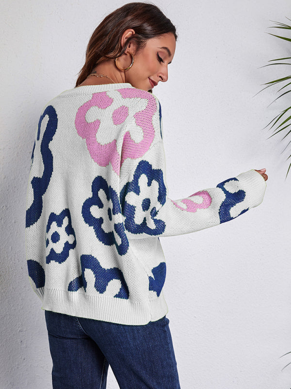 Blue Zone Planet | Women's flower jacquard off shoulder knitted sweater-[Adult]-[Female]-2022 Online Blue Zone Planet