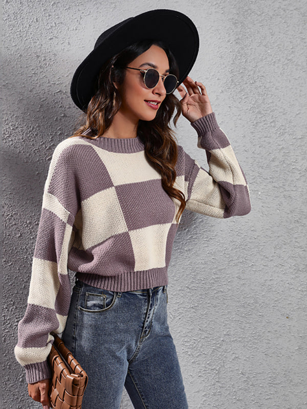 Women's chessboard checkered shoulder long sleeve short loose knit sweater-[Adult]-[Female]-Purple-S-2022 Online Blue Zone Planet