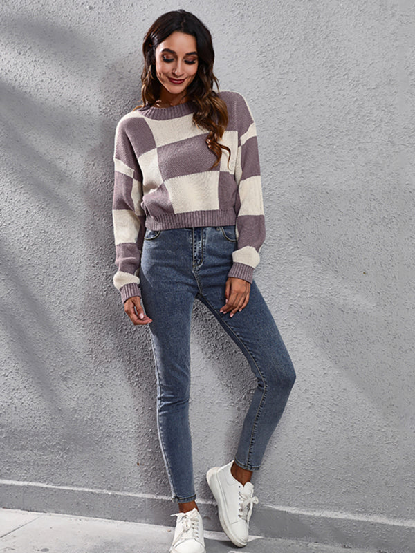 Women's chessboard checkered shoulder long sleeve short loose knit sweater-[Adult]-[Female]-2022 Online Blue Zone Planet