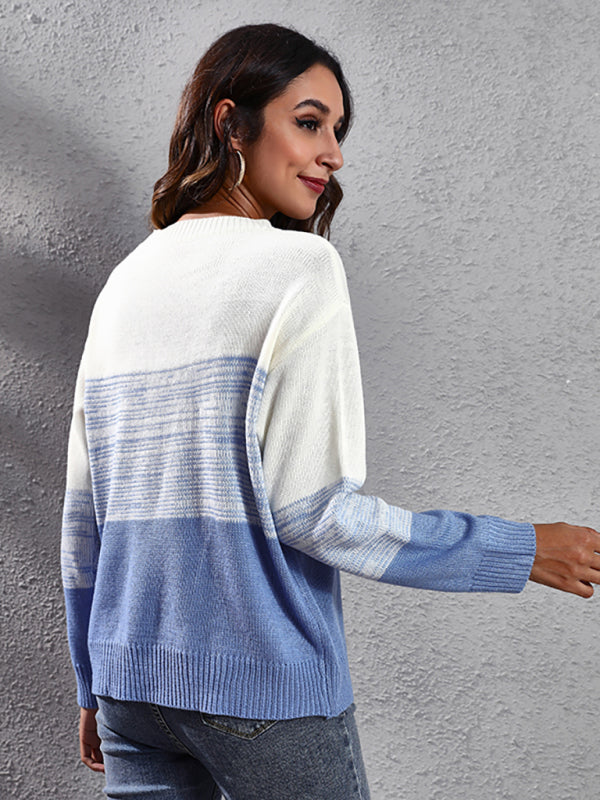 Women's gradient color block off shoulder knitted sweater-[Adult]-[Female]-2022 Online Blue Zone Planet