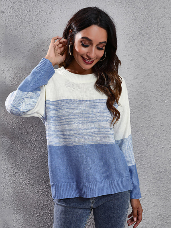 Women's gradient color block off shoulder knitted sweater-[Adult]-[Female]-Blue-S-2022 Online Blue Zone Planet