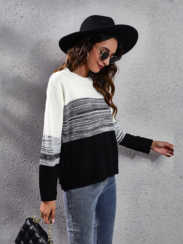 Women's gradient color block off shoulder knitted sweater-[Adult]-[Female]-2022 Online Blue Zone Planet