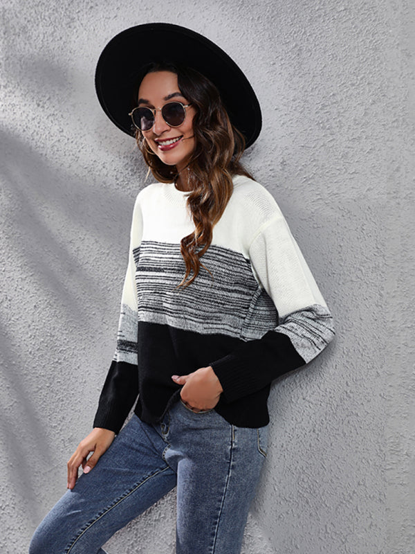 Women's gradient color block off shoulder knitted sweater-[Adult]-[Female]-Black-S-2022 Online Blue Zone Planet