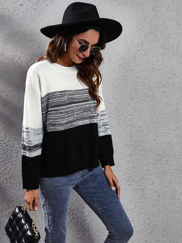 Women's gradient color block off shoulder knitted sweater-[Adult]-[Female]-2022 Online Blue Zone Planet