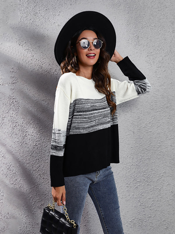 Women's gradient color block off shoulder knitted sweater-[Adult]-[Female]-2022 Online Blue Zone Planet