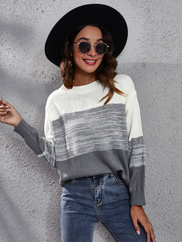 Women's gradient color block off shoulder knitted sweater-[Adult]-[Female]-Grey-S-2022 Online Blue Zone Planet