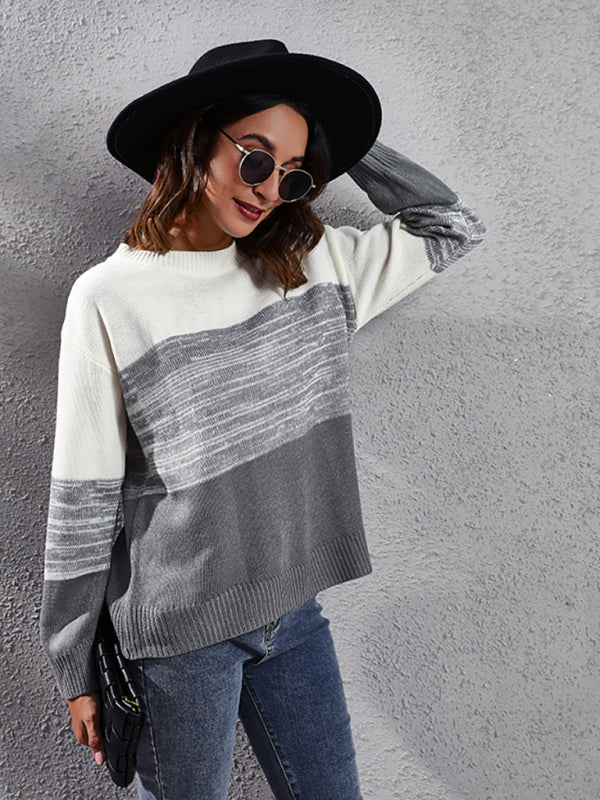 Women's gradient color block off shoulder knitted sweater-[Adult]-[Female]-2022 Online Blue Zone Planet