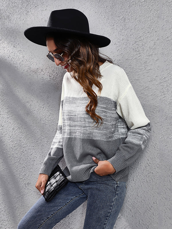 Women's gradient color block off shoulder knitted sweater-[Adult]-[Female]-2022 Online Blue Zone Planet