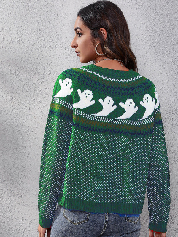 Blue Zone Planet | Women's Halloween Ghost retro wave point long sleeve knitted sweater-TOPS / DRESSES-[Adult]-[Female]-2022 Online Blue Zone Planet