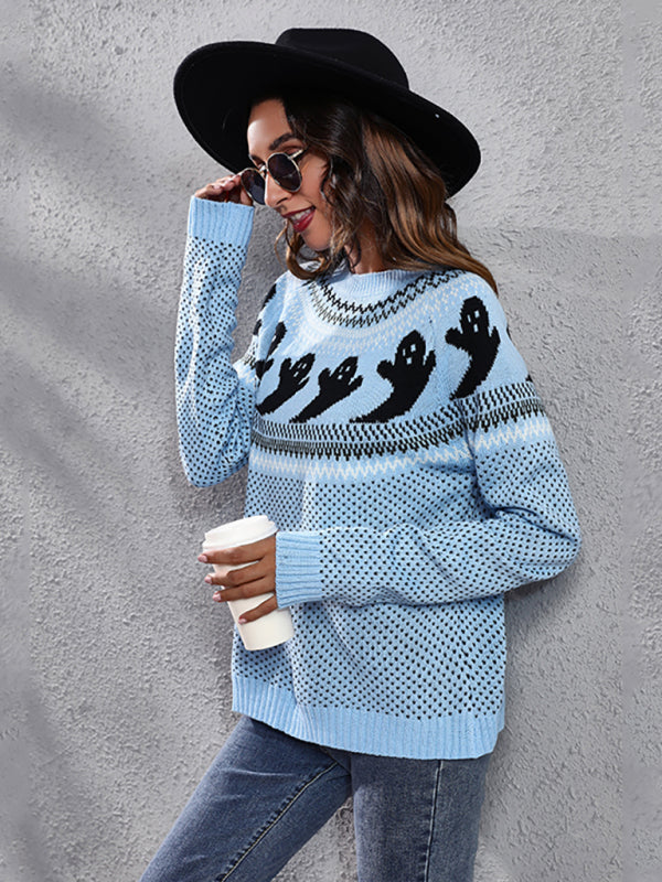 Blue Zone Planet | Women's Halloween Ghost retro wave point long sleeve knitted sweater-TOPS / DRESSES-[Adult]-[Female]-2022 Online Blue Zone Planet