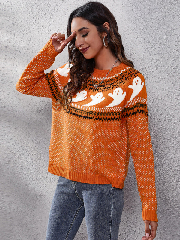 Blue Zone Planet | Women's Halloween Ghost retro wave point long sleeve knitted sweater-TOPS / DRESSES-[Adult]-[Female]-2022 Online Blue Zone Planet