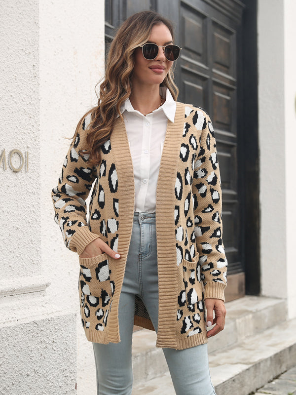 Women's leopard jacquard cardigan pocket long knitted sweater-[Adult]-[Female]-2022 Online Blue Zone Planet