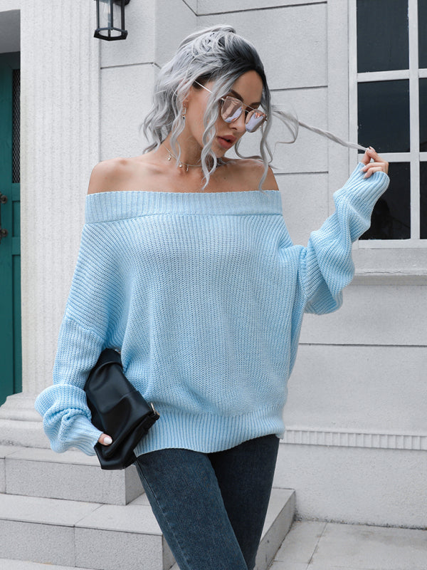 Women's off shoulder sweater with straight neck-[Adult]-[Female]-2022 Online Blue Zone Planet